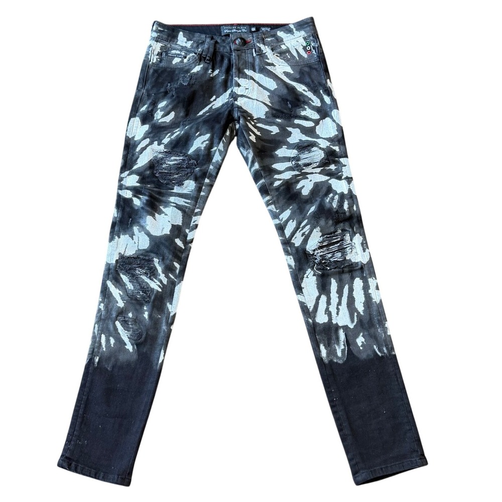 Philipp Plein Super Straight Cut Black White Tie-Dye Jeans Sz 30 | Rare Capsule - Picture 4 of 11